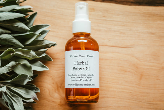 Organic baby oil infused with organic calendula for nurturing sensitive baby skin