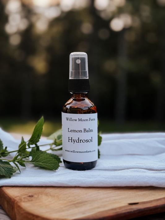 Lemon Balm hydrosol distilled from fresh organic herbs grown on a regenerative farm for natural skincare